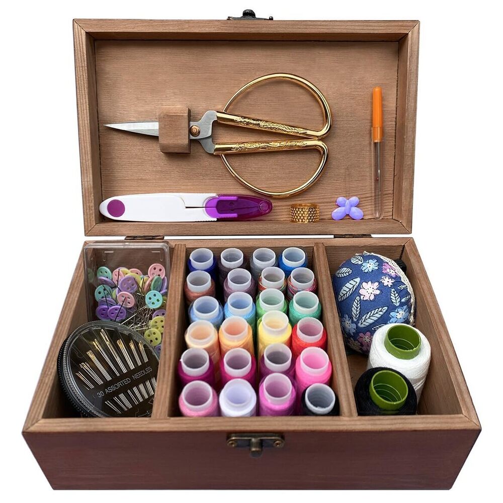 Wooden Sewing Kit Box with Cute Sewing Accessories, Sewing Basket Kit for Adults